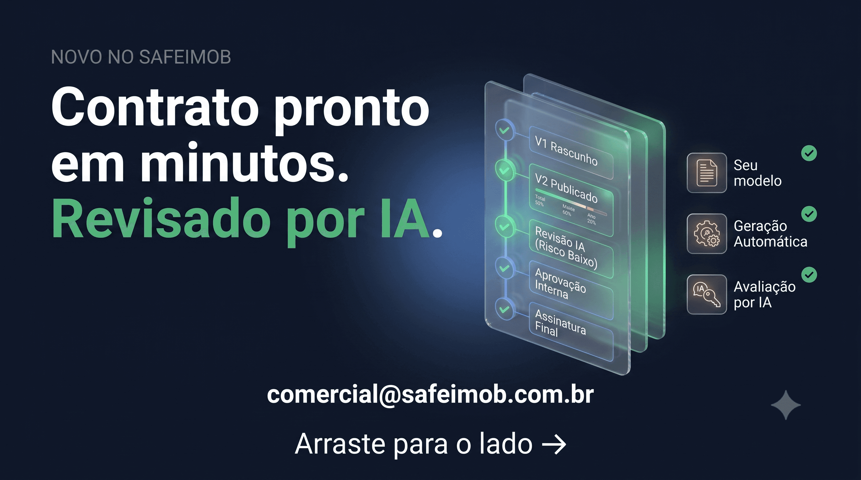 Mídia 1: Contrato Pronto em Minutos. Revisado por IA