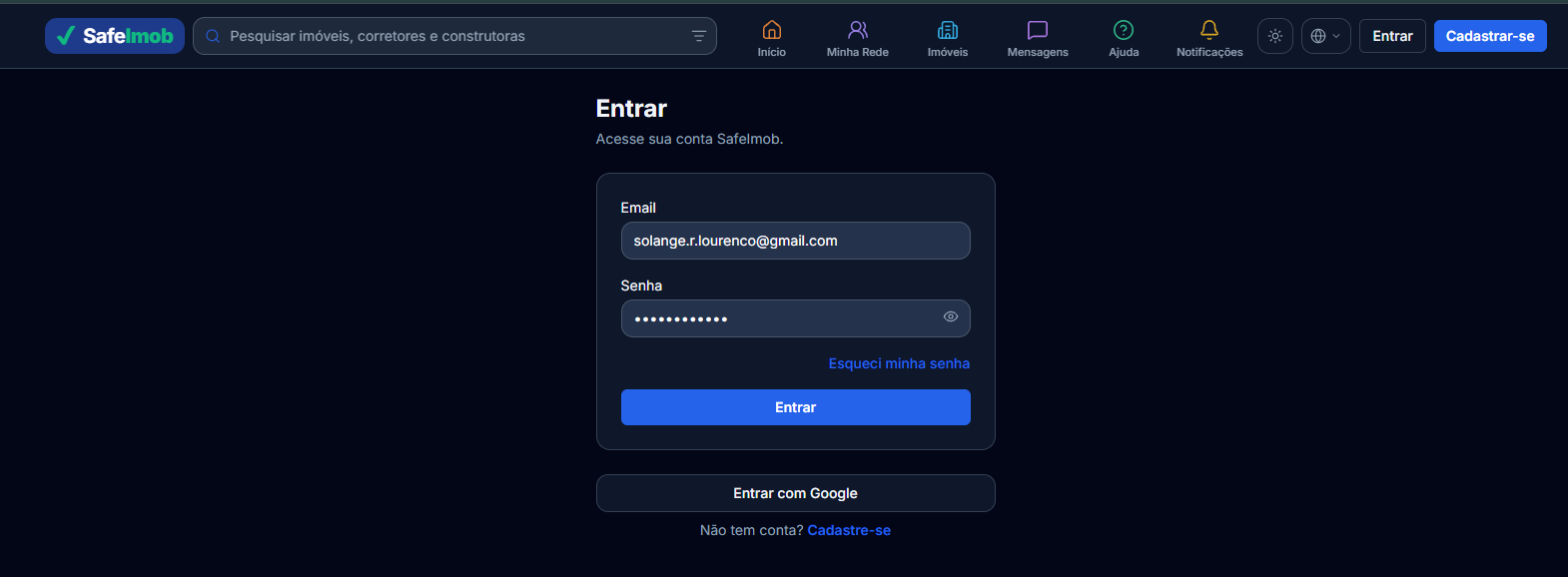 Captura da tela de entrar com o link Cadastre-se