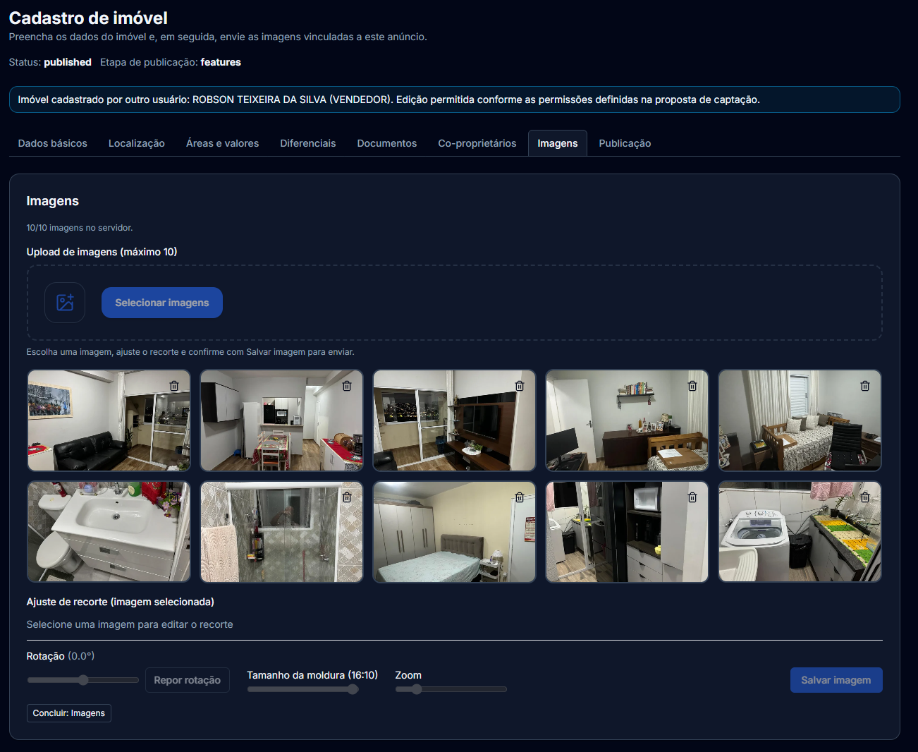 Tela de envio e gestão de imagens do anúncio
